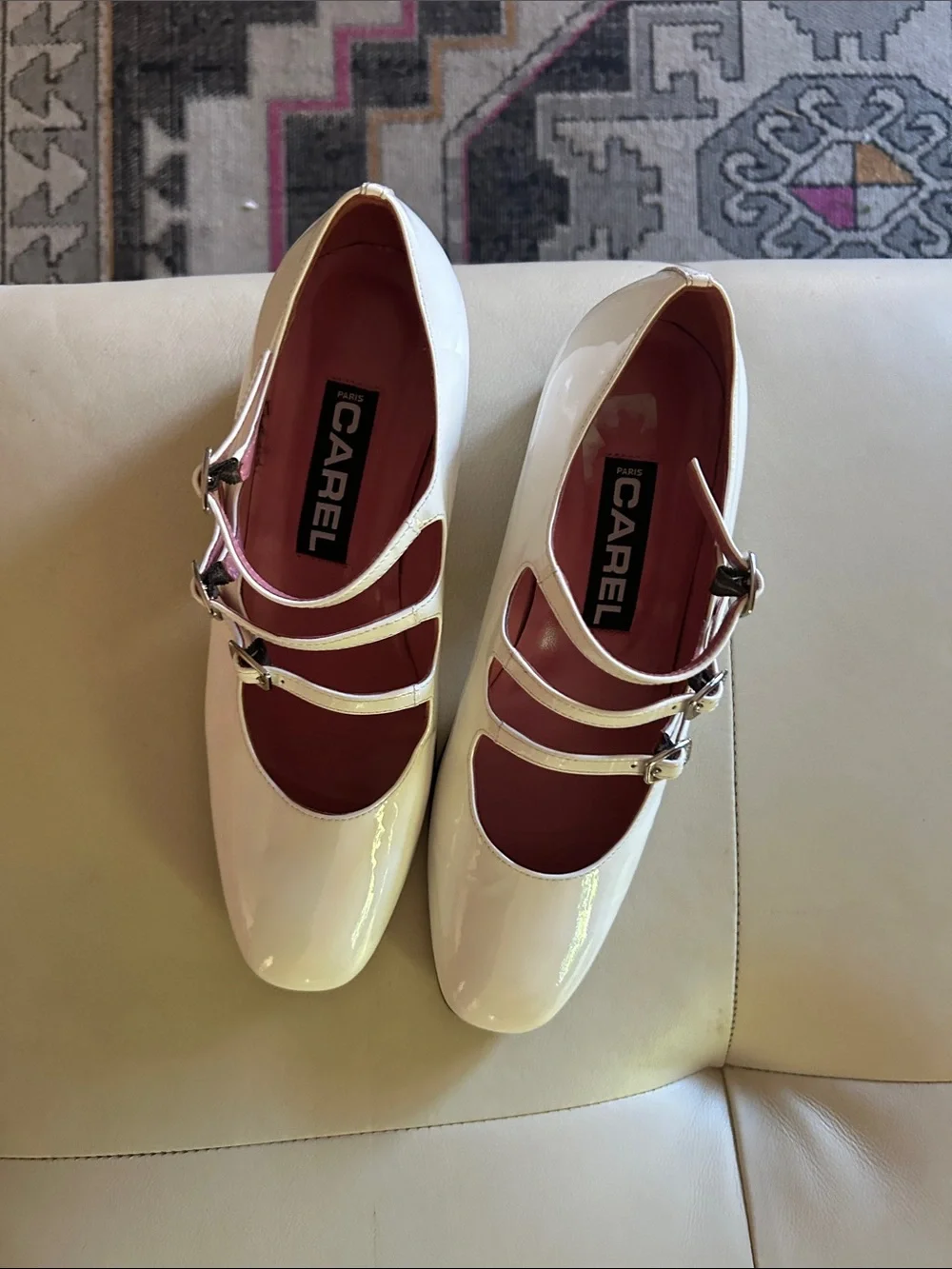Carel White Patent Mary Jane Flats with Triple Straps